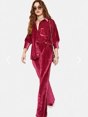 Free People Women's Kit Kat Pink Pant Velvet Set Sz XS lounge Retro Y2k Boho
